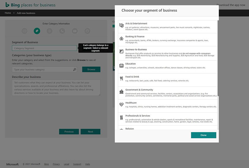 Choose segment of business options