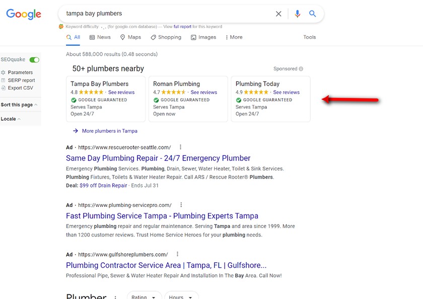 Example of local search ads for the keyword "Tampa Bay plumbers."