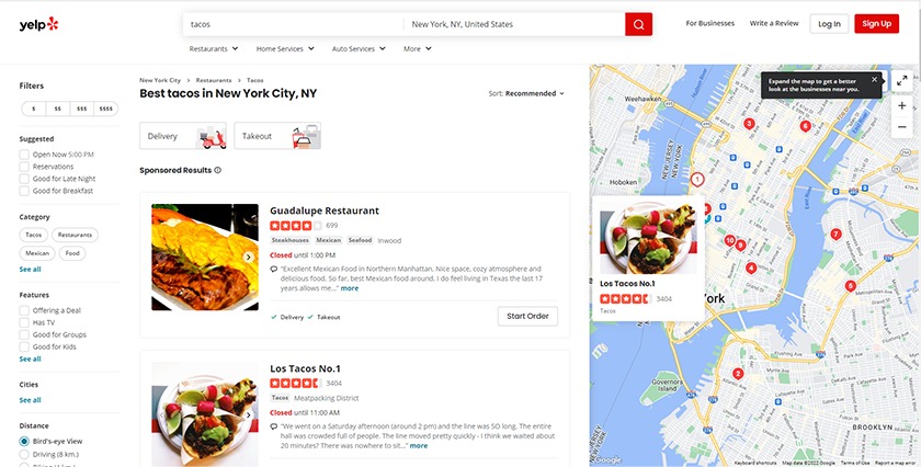 Sample business listings on Yelp for restaurants in NYC.