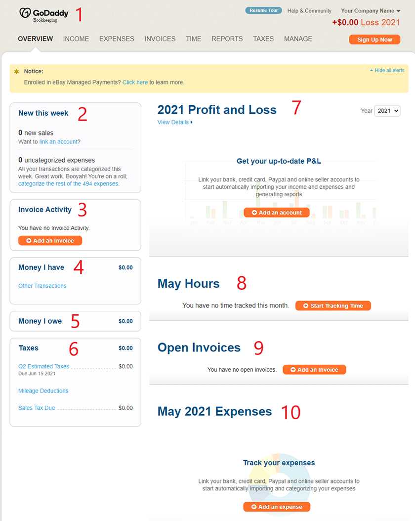 Screenshot of GoDaddy Bookkeeping Dashboard