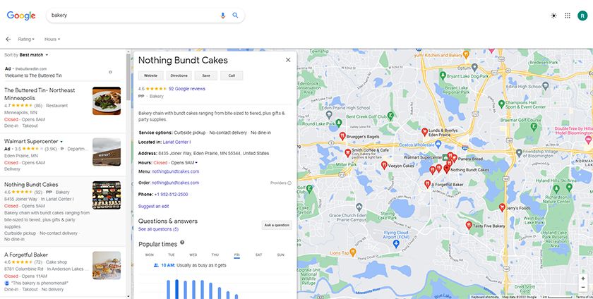 Listings of a bakery on Google Business Profile.