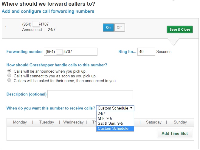 Add and configure call forwarding numbers in Grasshopper