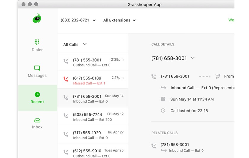 Grasshopper app interface showing recent calls.