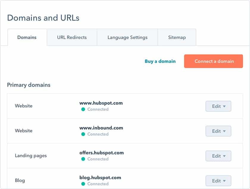 Content Management System Domain Page of HubSpot.
