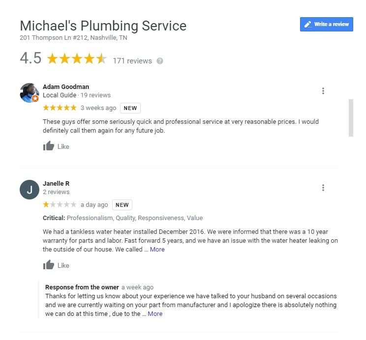 Micheals Plumbing Service Google reviews
