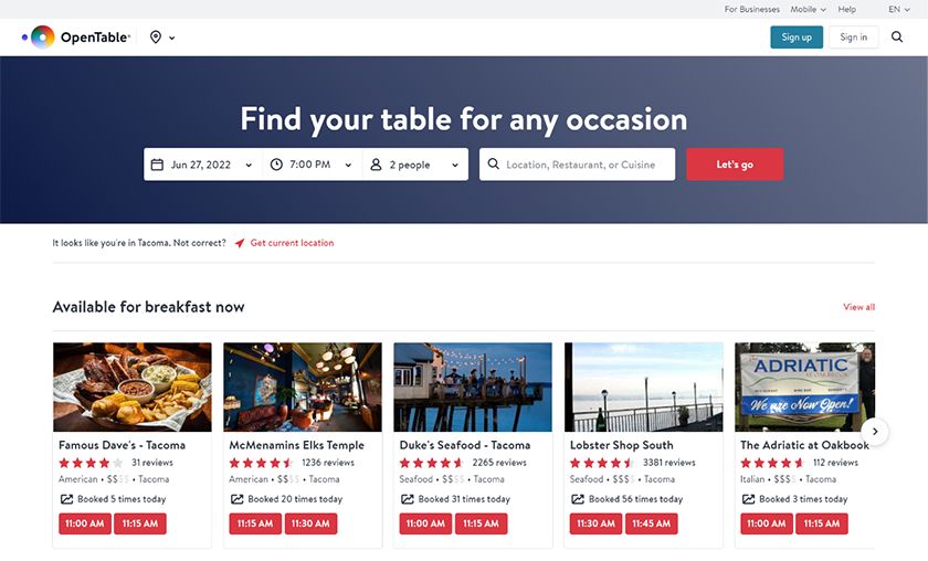 Sample restaurant listings on the OpenTable website.