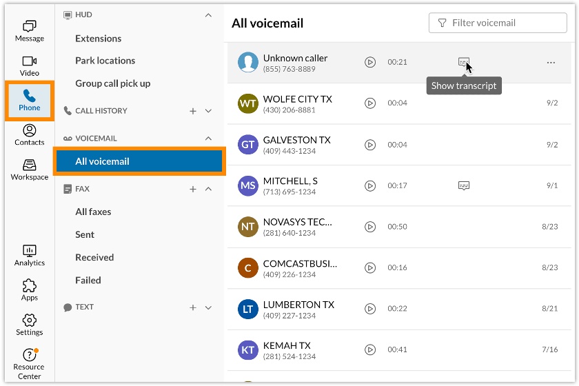 RingCentral all voicemail softphone app interface