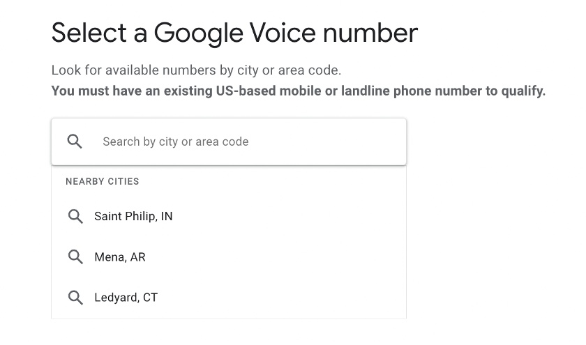 A screenshot of how to search available phone numbers on Google Voice