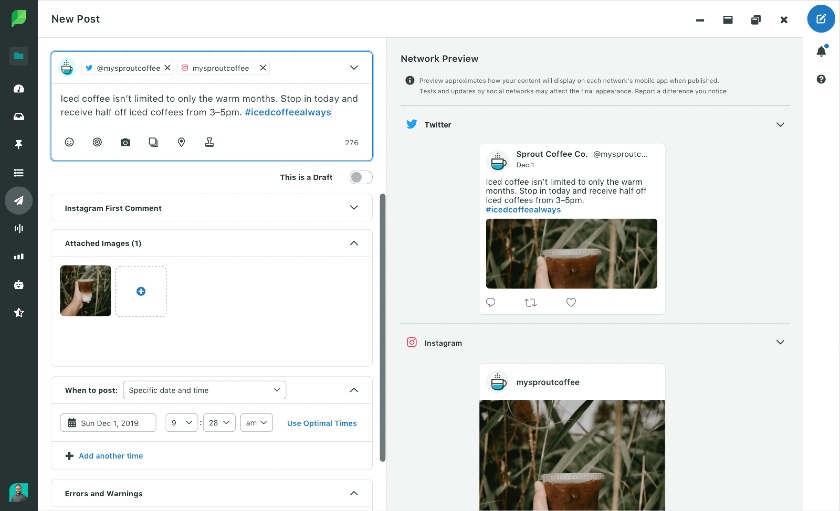 Sprout Social Adding Newpost and Network Preview