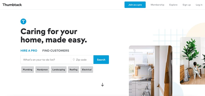 Home page of the Thumbtack website.