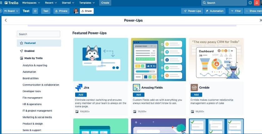 Trello featured Power-ups page