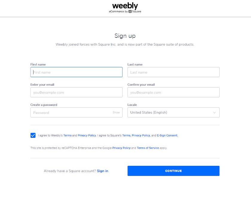 Weebly new account sign-up form.