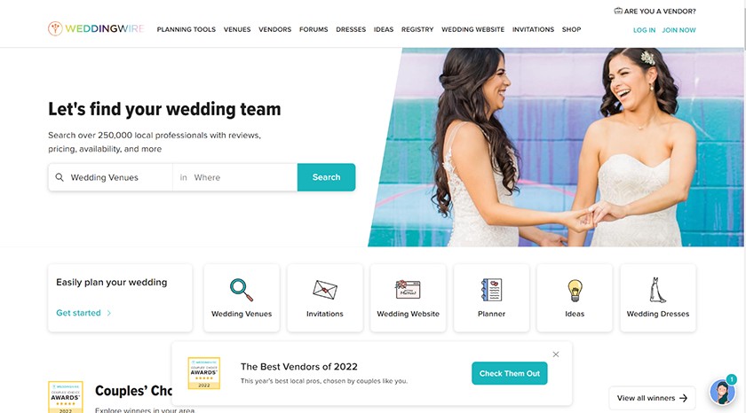 Home page of the Wedding Wire website.