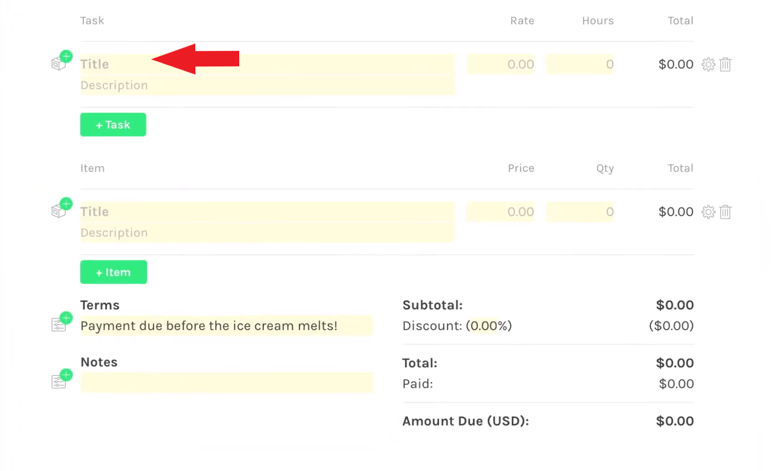 Screenshot of Zipbooks invoice adding line