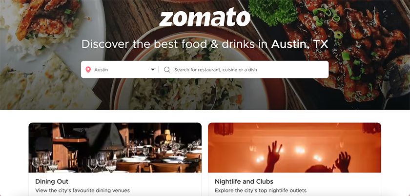 Home page of the Zomato website.