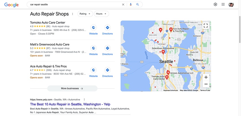 Example of top-ranking auto repair shops displayed in the local three-pack on Google Maps
