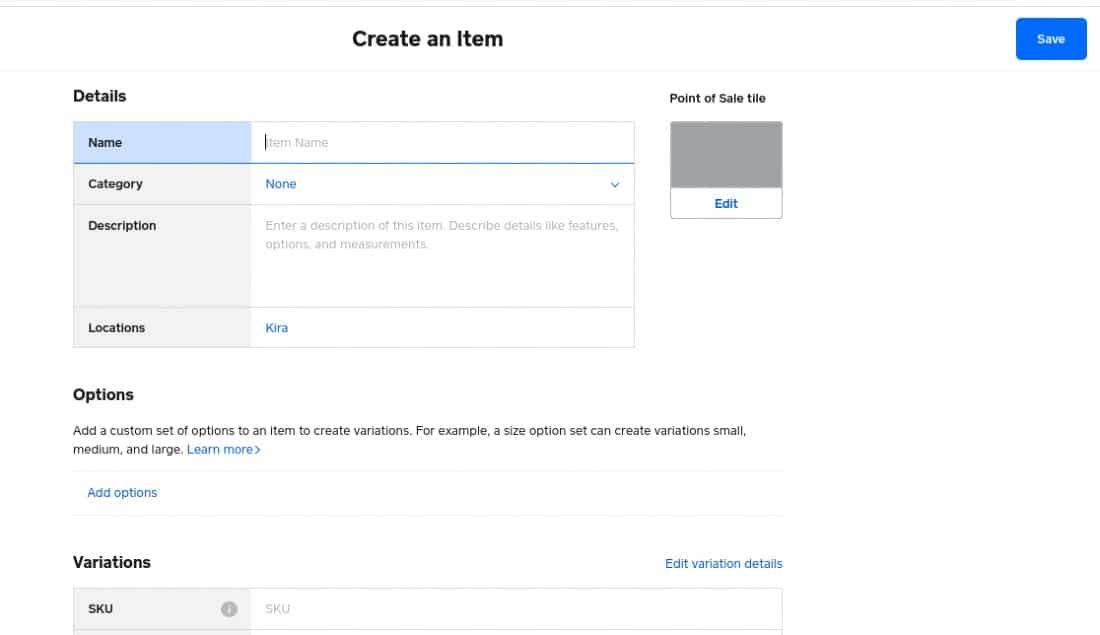 Creating an item on Square Online store.