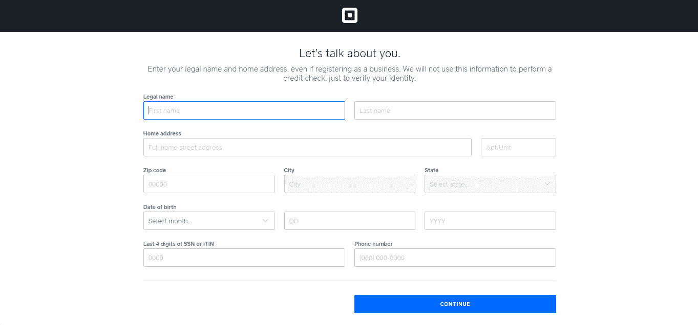 Entering personal information in Square.