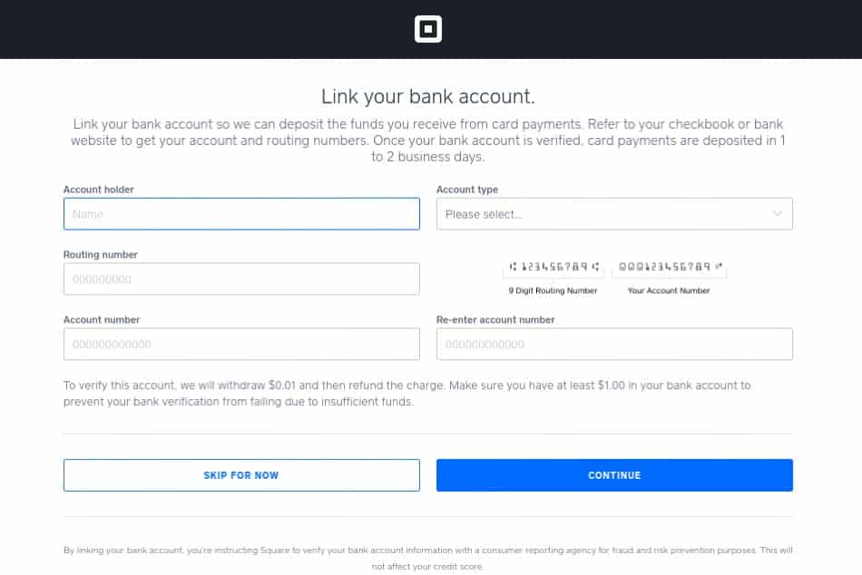Linking a bank account in Square.