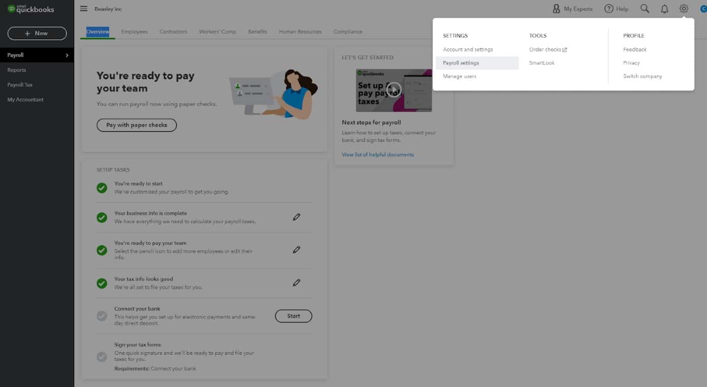 Payroll settings option on QuickBooks.