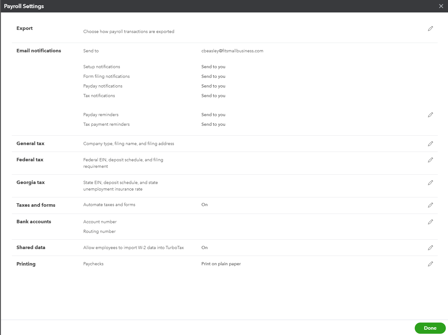 Showing payroll settings on QuickBooks.