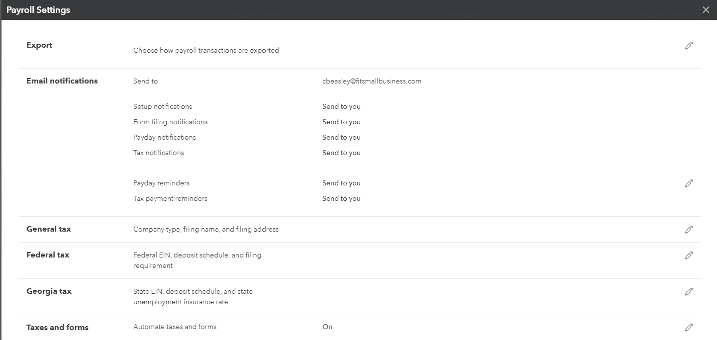 Showing payroll settings on QuickBooks.