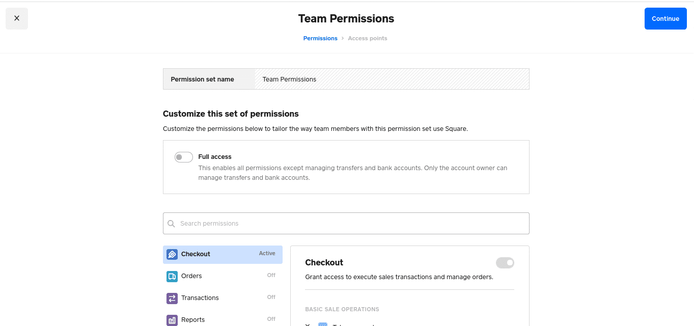 Setting team permissions or toggling full access in Square.