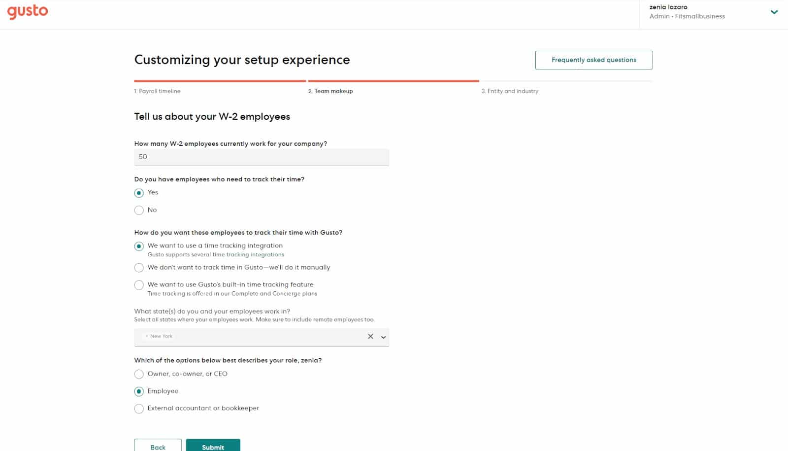 Screenshot of W2 Employee Information Setup