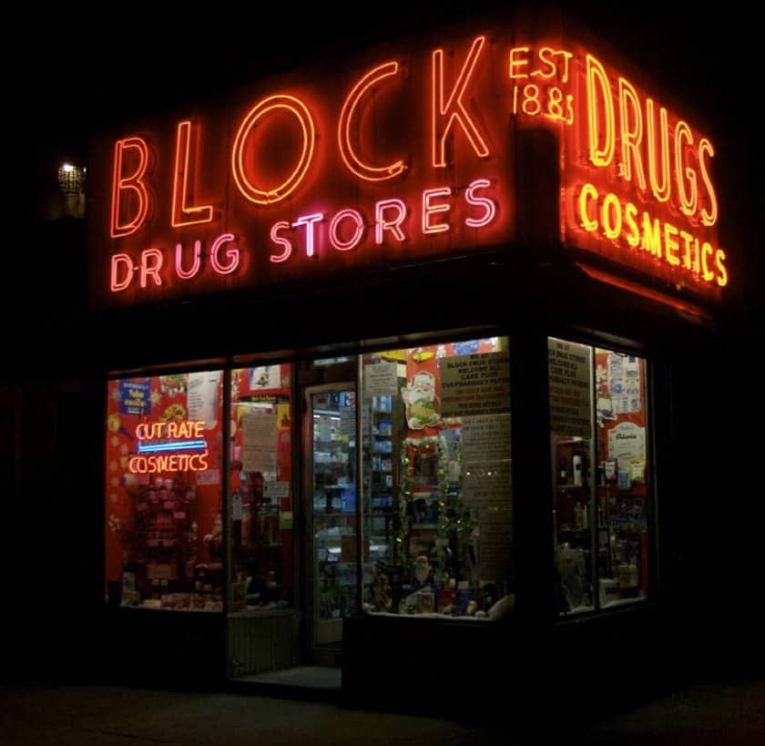 Showing a lighting signage Block drug store.