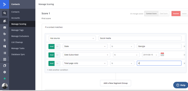 ActiveCampaign Lead Scoring Configuration Page