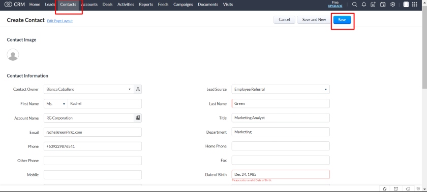 Adding a contact in Zoho CRM