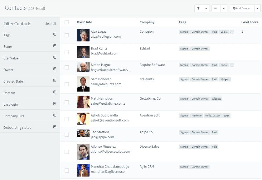 Agile CRM Contacts management 