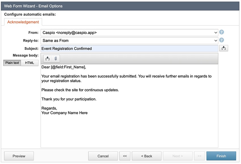 Caspio automatic email configuration options.