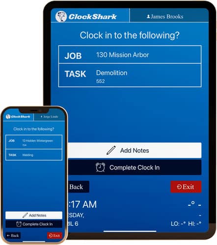 ClockShark KioskClock app in mobile devices capturing time spent on jobs