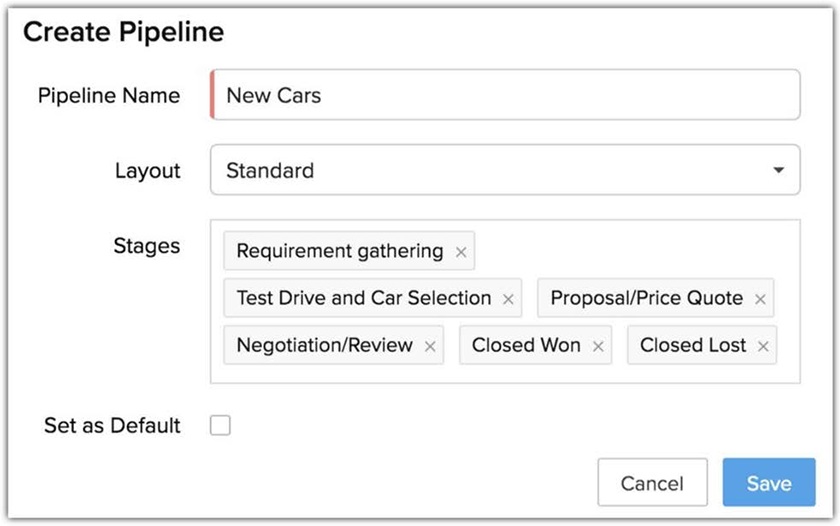 Creating pipeline in Zoho CRM.