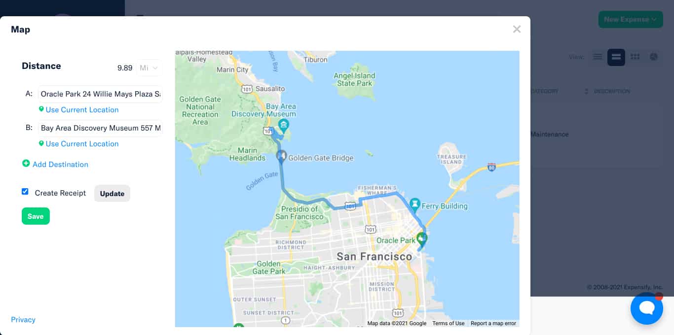 Screenshot of Expensify Creating Mileage expense via map.