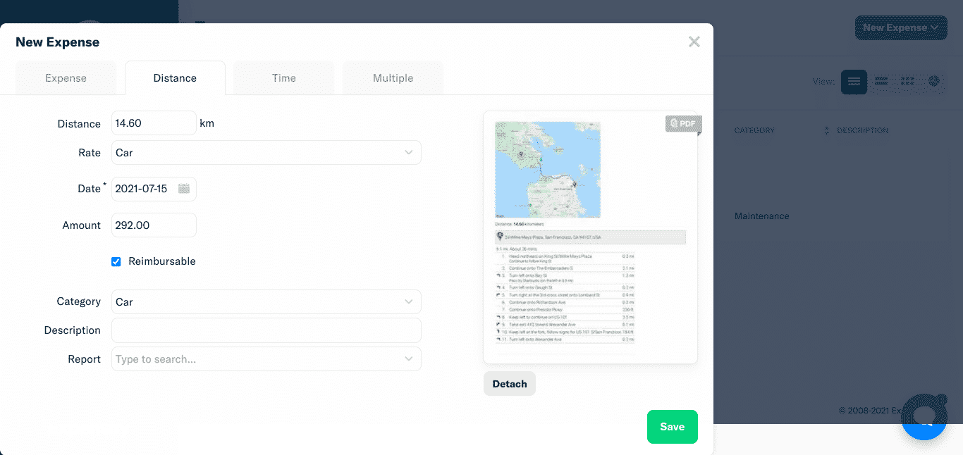 Screenshot of the Expensify distance expenses screen.