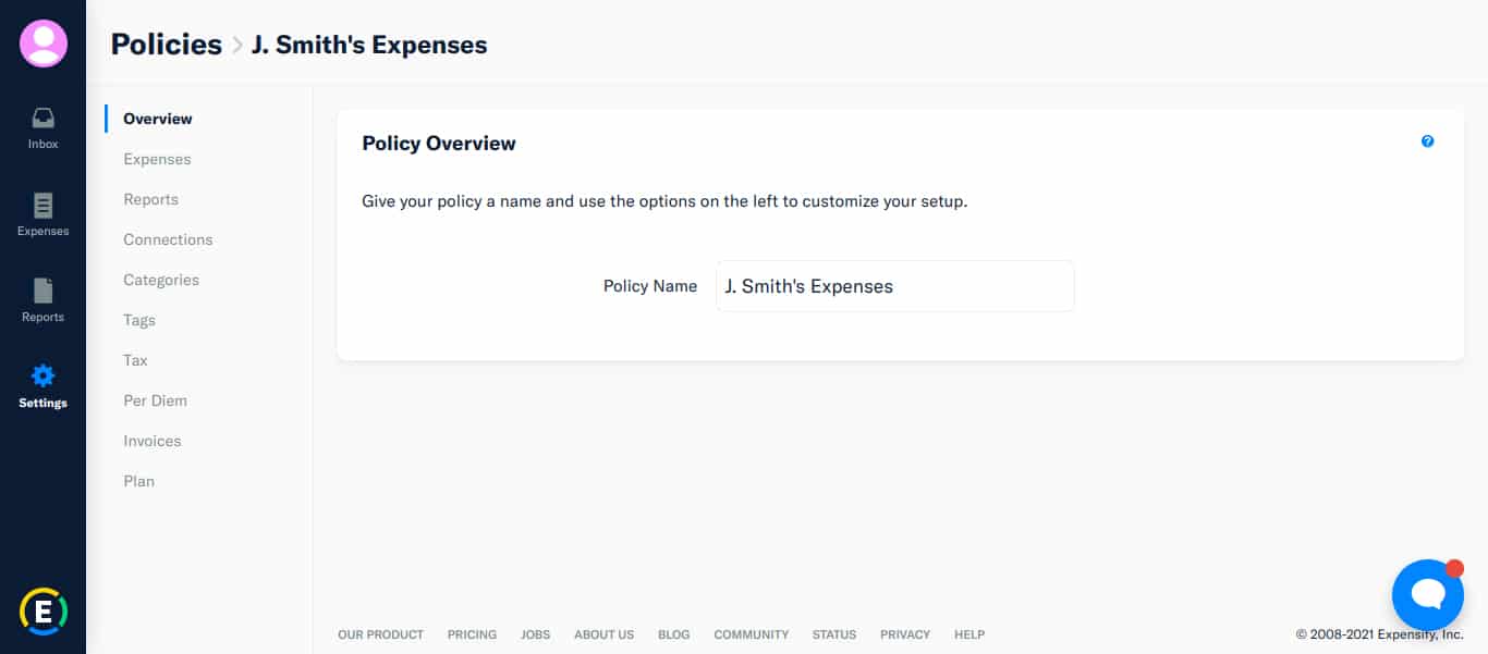 Expensify policy overview page with options to customize settings.