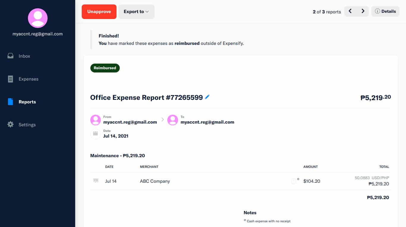 Screenshot of Expensify approved and reimbursed expenses.