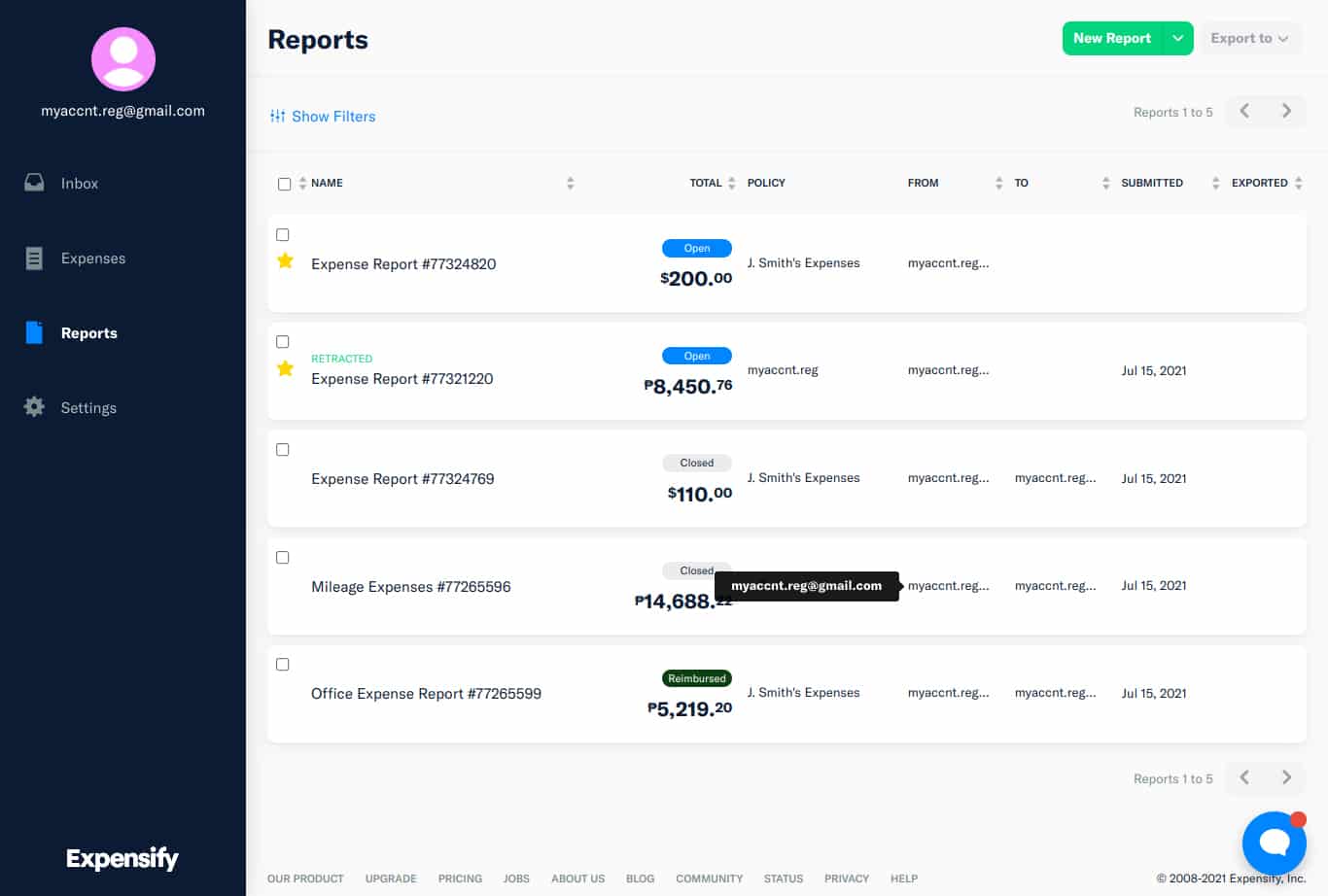 A screenshot of the Expensify report screen.