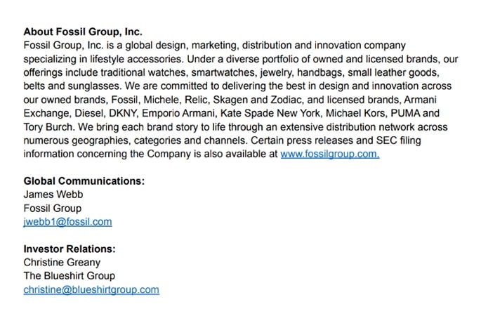 FossilGroup example of boilerplate and media contacts.