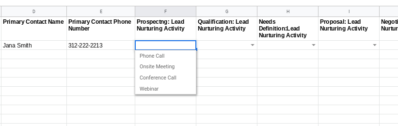 Google Sheets Lead nurturing dropdown menu