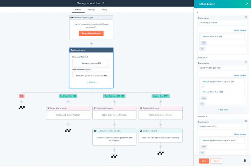 HubSpot Sales Hub design workflows to automate processes.