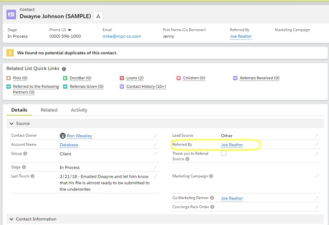 Jungo contact record interface with linked referral partner.