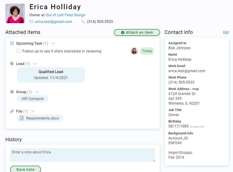 Less Annoying CRM overview of contact record.