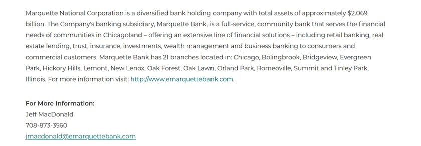 Marquette Bank example of boilerplate with media contact and website visit link