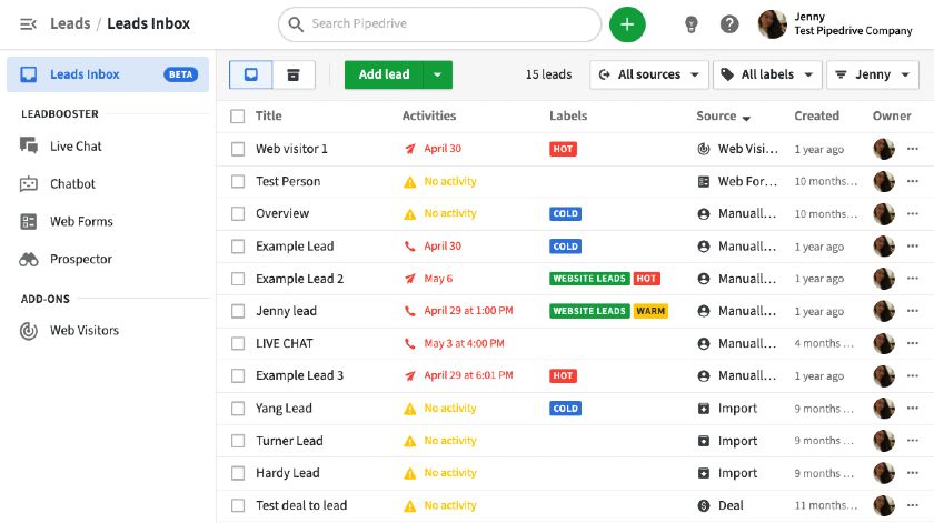  Boîte de réception de Leads Pipedrive 