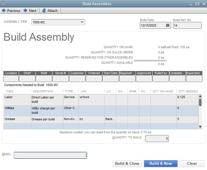 Screenshot of Quickbooks Premier Manufacturing Build Assembly Tool