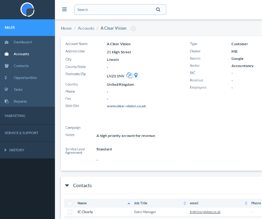Really Simple Systems Accounts Dashboard