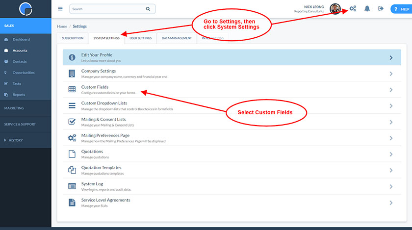 Really Simple Systems customizable fields and modules within the crm.